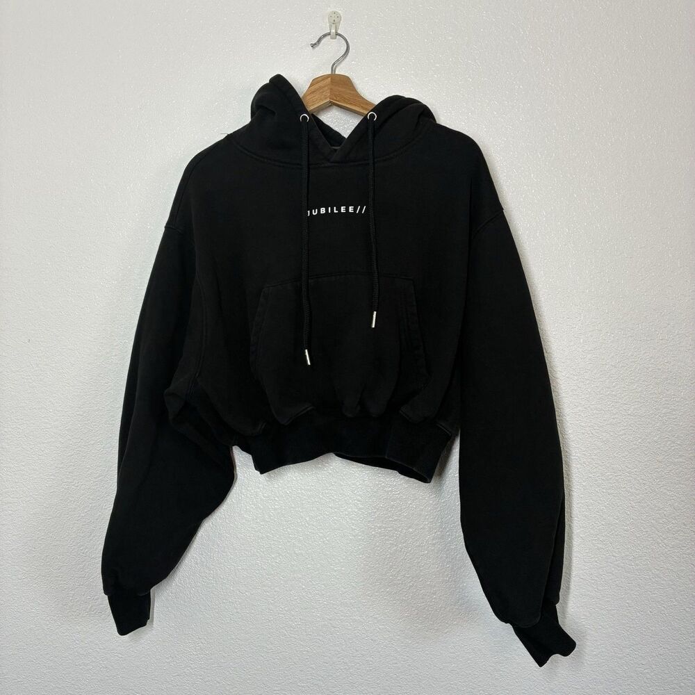 JUBILEE Hoodie Womens M Black Cropped Oversized Fleece Kangaroo Pocket Logo